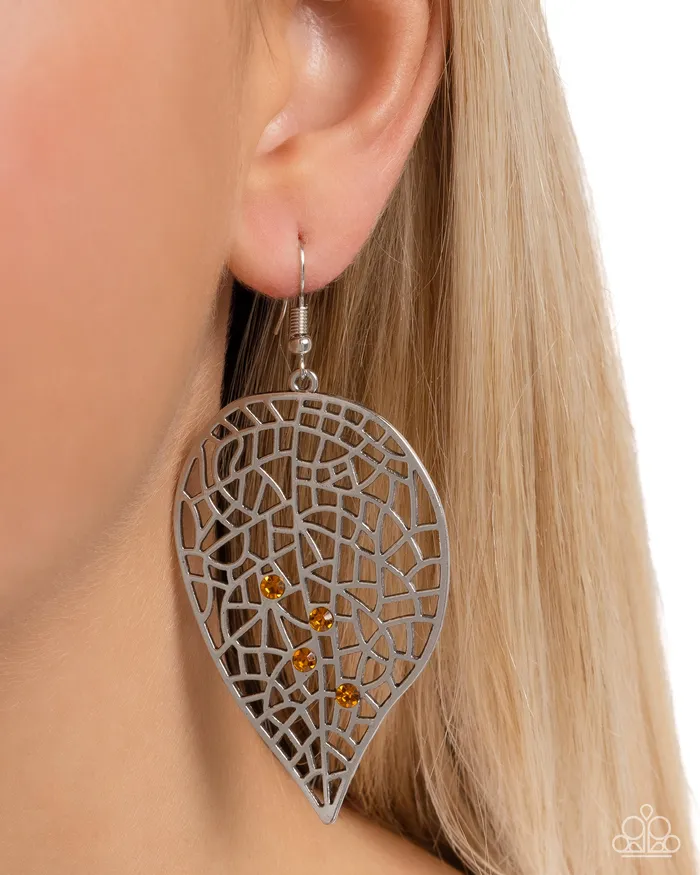 Earrings Seasonal Showcase Yellow Rhinestone Silver Leaf Earrings Paparazzi Paparazzi Accessories