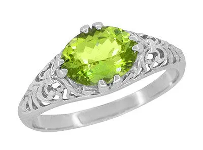 East to West Oval Peridot Filigree Edwardian Engagement Ring in 14 Karat White Gold Antique Jewelry Mall Rings