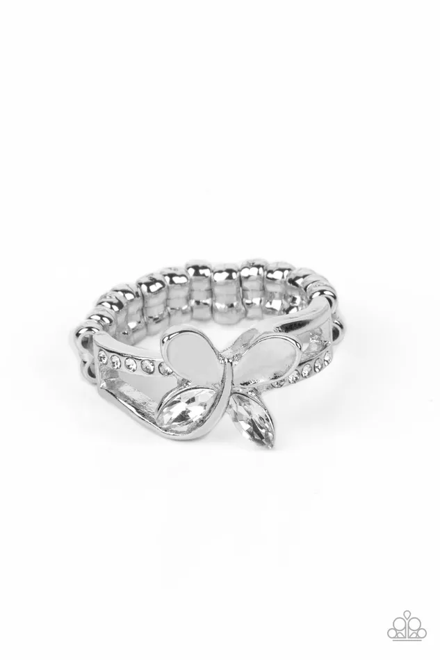 Fetching Flutter White Rhinestone Silver Butterfly Ring Paparazzi Paparazzi Accessories Rings