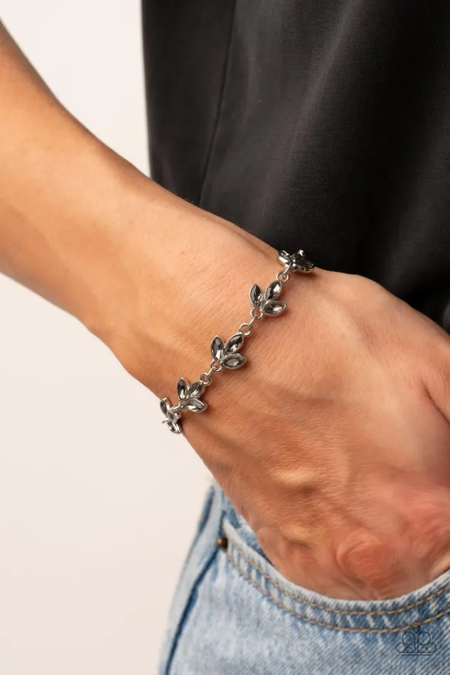 Gala Garland Silver Smoky Rhinestone Leaf Bracelet Paparazzi Paparazzi Accessories Bracelets