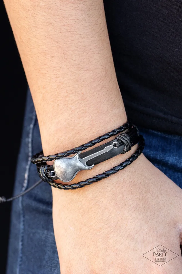Lead Guitar Black Gunmetal Guitar Charm Leather Slide Bracelet Paparazzi Paparazzi Accessories Bracelets