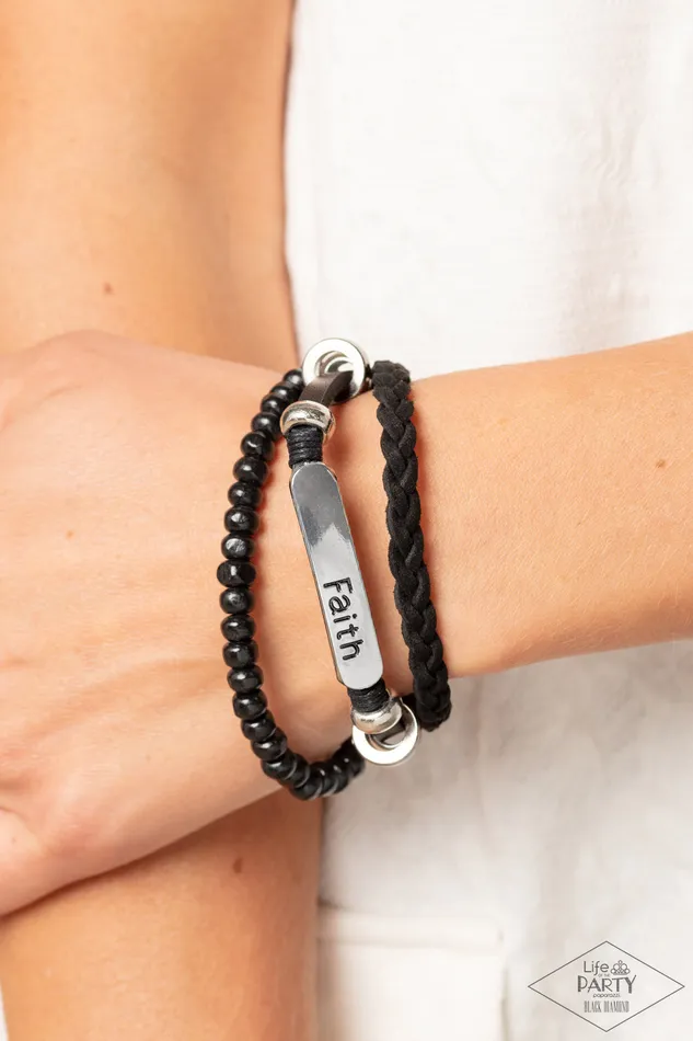 Let Faith Be Your Guide Black Leather Silver Faith Plate Slide Bracelet Paparazzi Paparazzi Accessories Bracelets