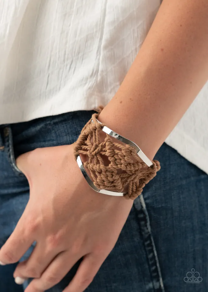 Macrame Mode Brown Thread Silver Frame Cuff Bracelet Paparazzi Paparazzi Accessories Bracelets
