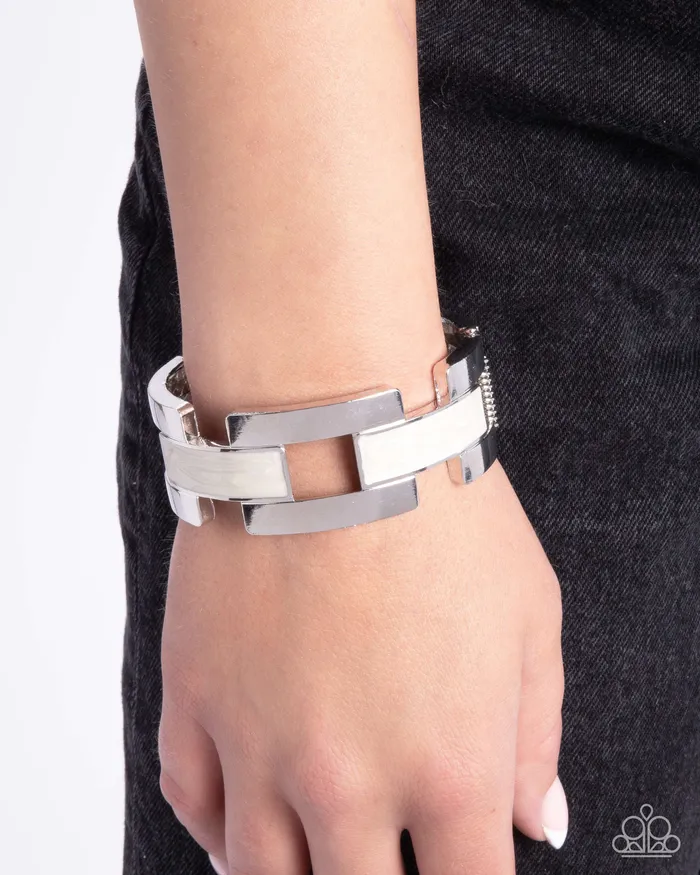 Modern Merger White Rhinestone Silver Hinge Bracelet Paparazzi Paparazzi Accessories Bracelets