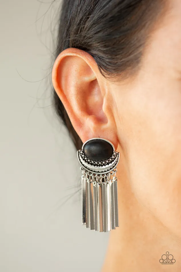 Monsoon Season Paparazzi Black Stone Silver Frame Rod Fringe Post Earrings Paparazzi Accessories Earrings