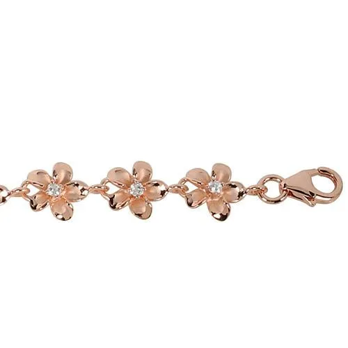 Nakoa Bracelets Sterling Silver Pink Gold Plated 8mm Plumeria with CZ Prong Bracelet