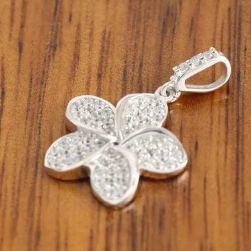 Nakoa Necklaces 14K White Gold Plumeria Paved CZ Pendant 13mm Chain Sold Separately