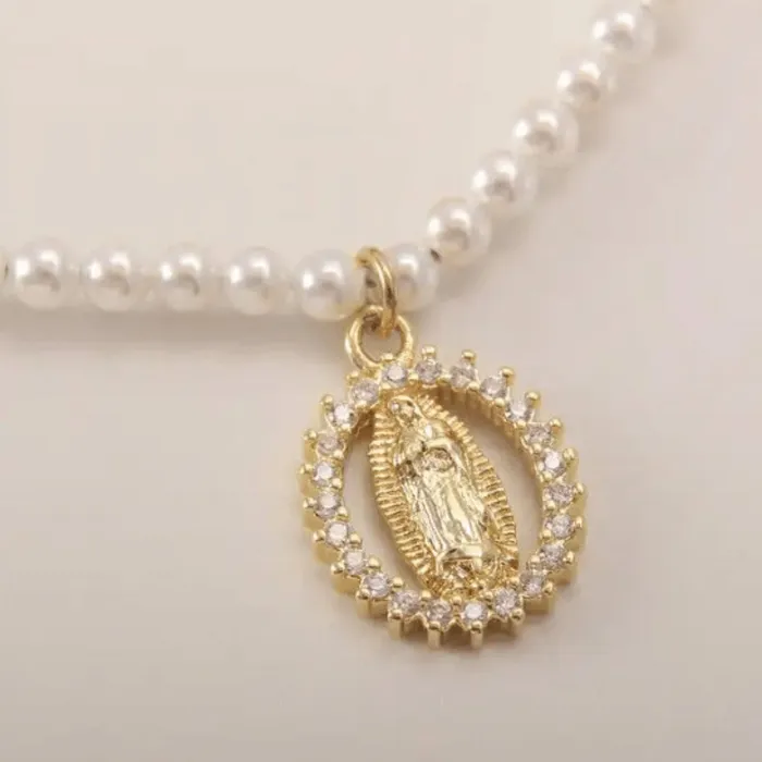 Necklaces BRAZIL GoldPlated Guadalupe Pendant Freshwater Pearl Bead Necklace 18inch