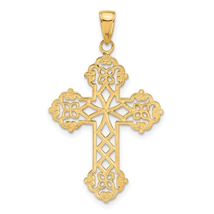 Necklaces Qgold 14k Yellow Gold 23 mm Lacey Budded Cross Pendant 22 grams Necklaces Qgold 14k Yellow Gold 23 mm Lacey Budded Cross Pendant 22 grams