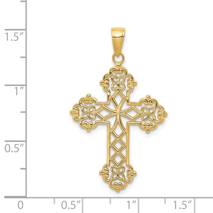 Necklaces Qgold 14k Yellow Gold 23 mm Lacey Budded Cross Pendant 22 grams Necklaces Qgold 14k Yellow Gold 23 mm Lacey Budded Cross Pendant 22 grams