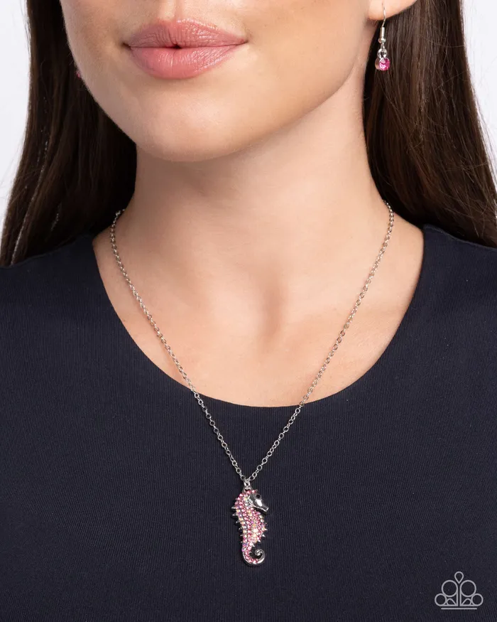 Necklaces Seahorse Sailor Pink Iridescent Rhinestone Silver Beach Short Necklace Paparazzi Paparazzi Accessories