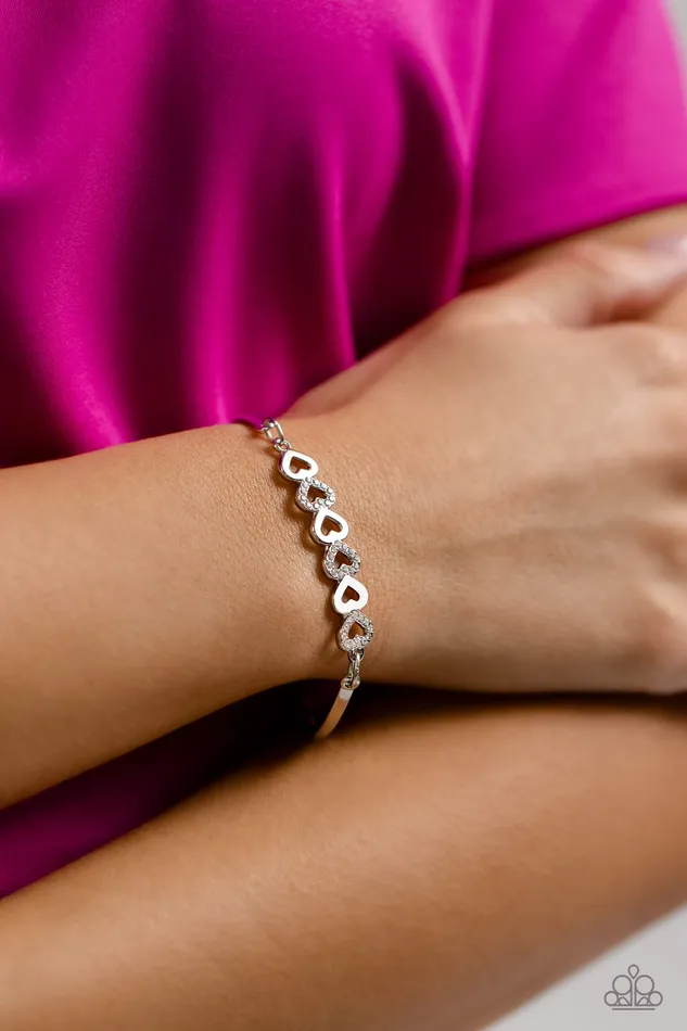 Paparazzi Accessories Attentive Admirer White Rhinestone Heart Silver Bracelet Paparazzi Bracelets