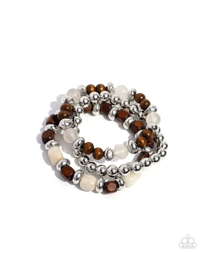 Paparazzi Accessories Bracelets DIVERSIFIED Wood Silver White and Brown Wooden Bead Stretchy Bracelet Paparazzi Paparazzi Accessories Bracelets DIVERSIFIED Wood Silver White and Brown Wooden Bead Stretchy Bracelet Paparazzi