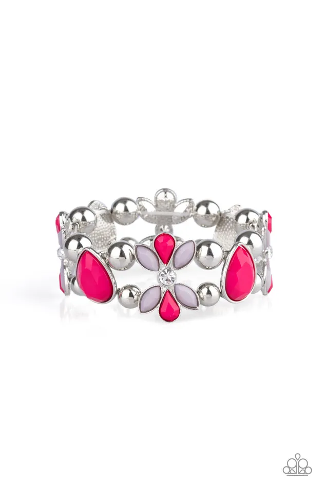 Paparazzi Accessories Bracelets Fabulously Flourishing Pink Bead Silver Frame Floral Stretchy Bracelet Paparazzi Accessories Bracelets Fabulously Flourishing Pink Bead Silver Frame Floral Stretchy Bracelet