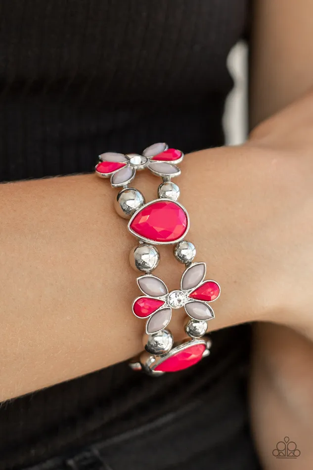 Paparazzi Accessories Bracelets Fabulously Flourishing Pink Bead Silver Frame Floral Stretchy Bracelet