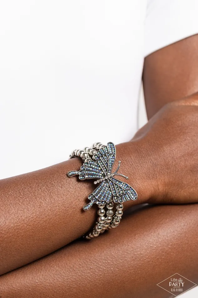 Paparazzi Accessories Bracelets First WINGS First Blue Iridescent Rhinestone Silver Butterfly Stretchy Bracelet Bring Back Paparazzi