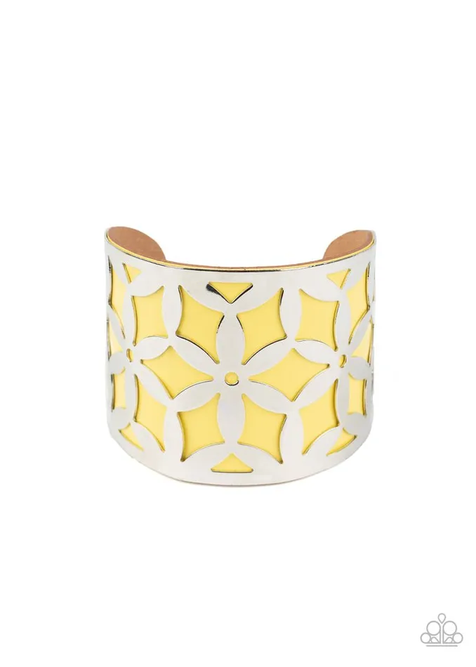 Paparazzi Accessories Bracelets Garden Fiesta Yellow Leather Silver Floral Stencil Cuff Bracelet Paparazzi Paparazzi Accessories Bracelets Garden Fiesta Yellow Leather Silver Floral Stencil Cuff Bracelet Paparazzi