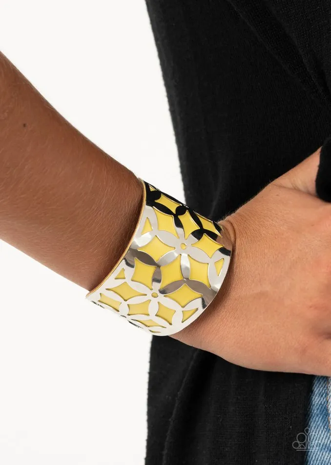 Paparazzi Accessories Bracelets Garden Fiesta Yellow Leather Silver Floral Stencil Cuff Bracelet Paparazzi