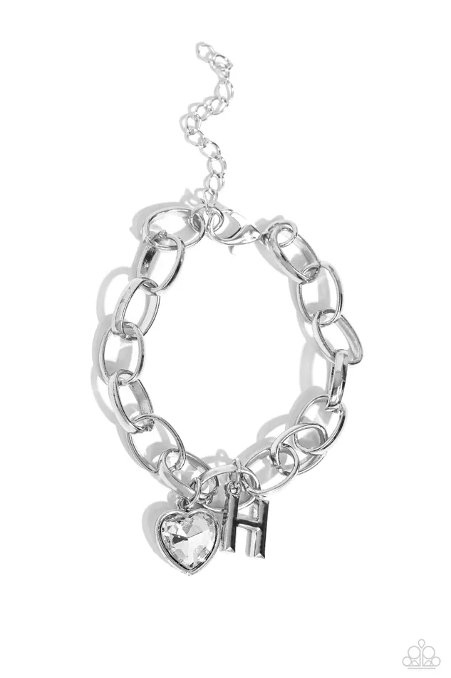 Paparazzi Accessories Bracelets Guess Now Its INITIAL White H Heart Gem Letter Alphabet Silver Charm Bracelet Paparazzi Paparazzi Accessories Bracelets Guess Now Its INITIAL White H Heart Gem Letter Alphabet Silver Charm Bracelet Paparazzi