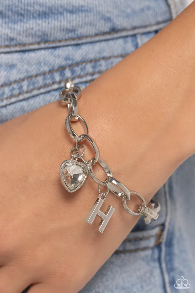 Paparazzi Accessories Bracelets Guess Now Its INITIAL White H Heart Gem Letter Alphabet Silver Charm Bracelet Paparazzi