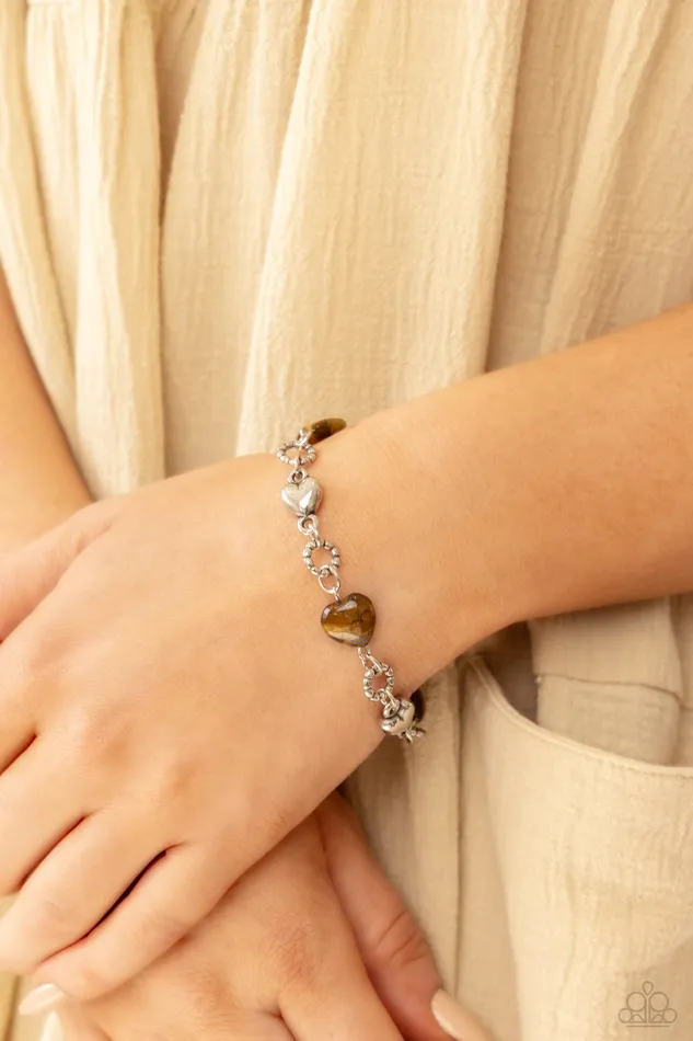 Paparazzi Accessories Bracelets I Can Feel Your Heartbeat Brown Tigers Eye Stone Heart Silver Bracelet Paparazzi