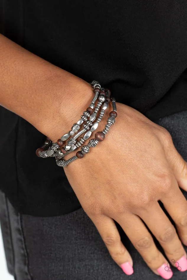 Paparazzi Accessories Bracelets Jungle Jubilee Brown Wooden and Silver Bead Stretchy Bracelet Set Paparazzi