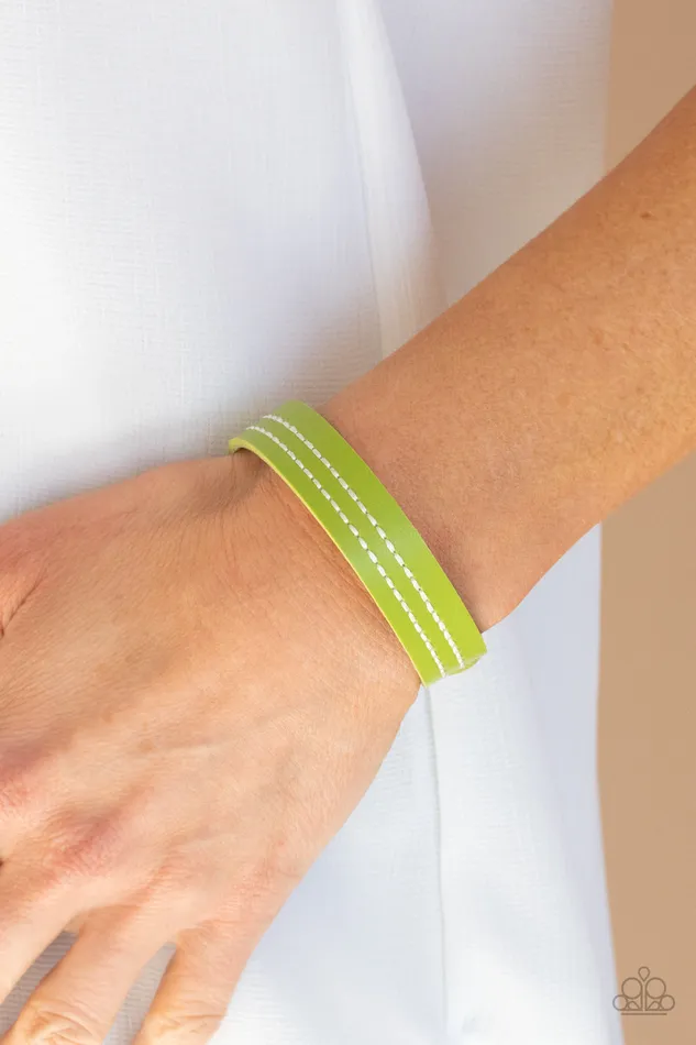Paparazzi Accessories Bracelets Life is WANDERful Green Leather White Stitching Wrap Bracelet Paparazzi