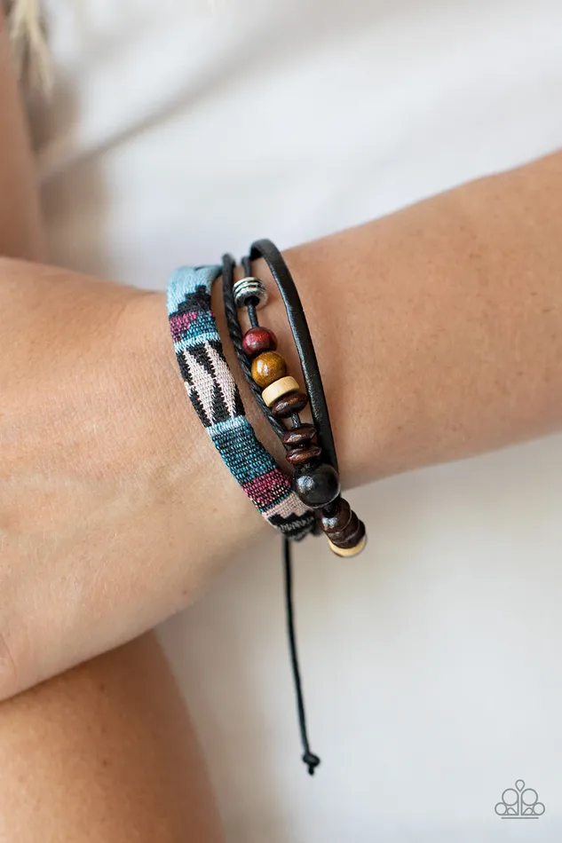 Paparazzi Accessories Bracelets Urban Badlands Multi Blue and Pink Textile Brown Wood Bead Urban Slide Bracelet Paparazzi