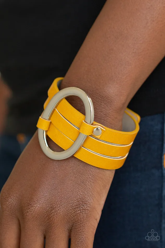 Paparazzi Accessories Cowgirl Cavalier Paparazzi Yellow Leather Band Silver Oval Wrap Bracelet Bracelets