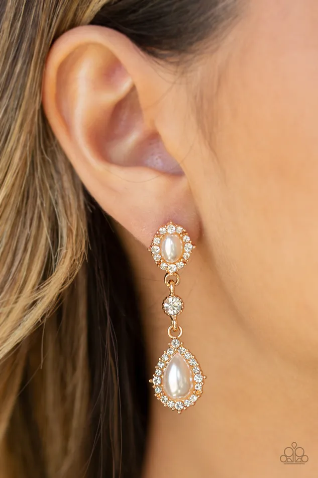 Paparazzi Accessories Earrings AllGLOWING Paparazzi Gold Frame White Pearl Rhinestone Post Earrings