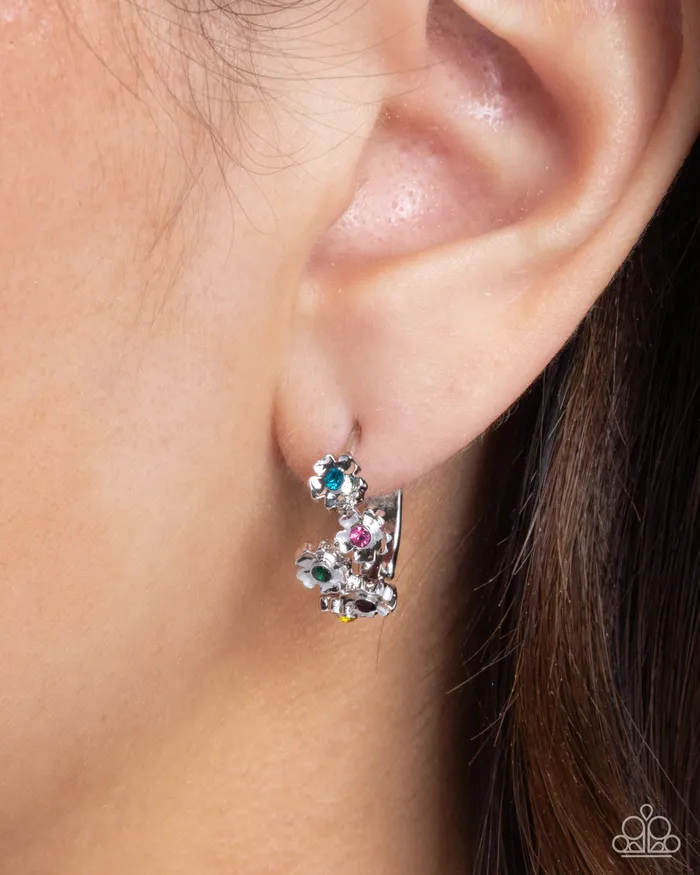 Paparazzi Accessories Earrings Budding Botanicals Multi Color Rhinestone Silver Flower Hinge Hoop Earrings Paparazzi