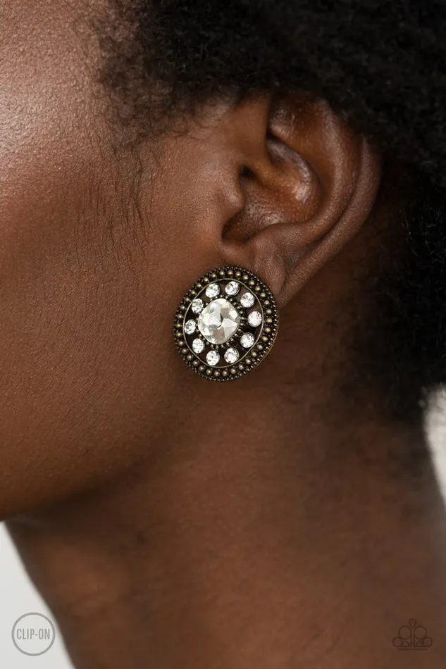 Paparazzi Accessories Earrings Dazzling Definition Brass White Rhinestone ClipOn Earrings Paparazzi