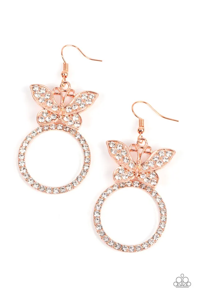 Paparazzi Accessories Earrings Paradise Found Copper Shiny White Rhinestone Butterfly Earrings Paparazzi