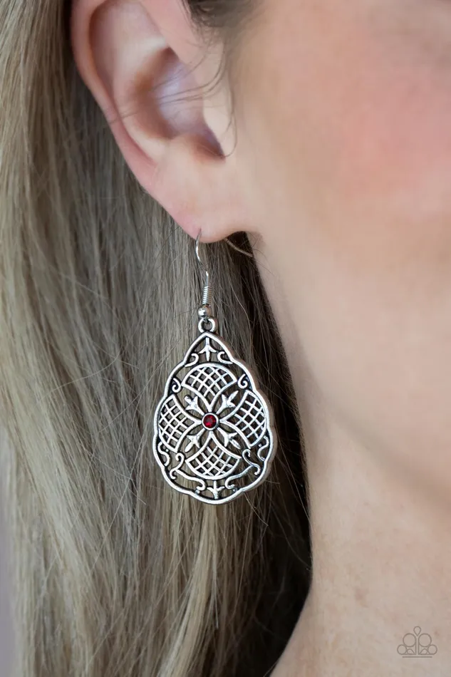 Paparazzi Accessories Earrings Paradise Picnic Red Rhinestone Silver Filigree Teardrop Earrings Paparazzi