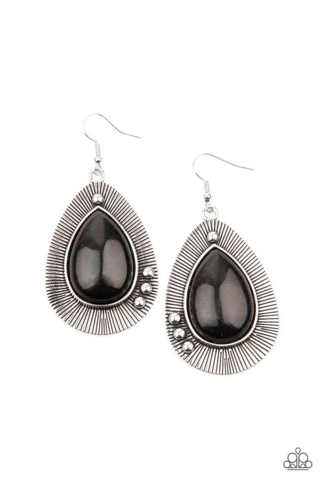 Paparazzi Accessories Earrings Western Fantasy Black Stone Silver Teardrop Earrings