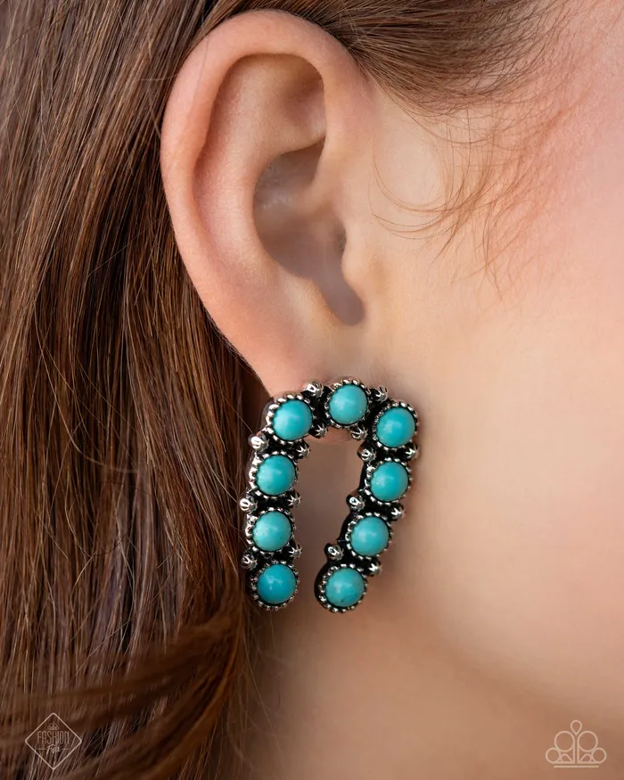 Paparazzi Accessories Earrings Wild West Wonder Blue Horseshoe Silver Post Earrings Paparazzi Fashion Fix September 2024