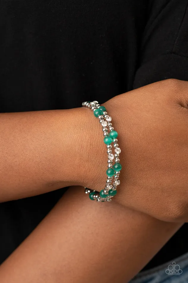 Paparazzi Accessories Ethereally Entangled Green Cats Eye Stone White Rhinestone Silver Coil Infinity Bracelet Paparazzi Bracelets