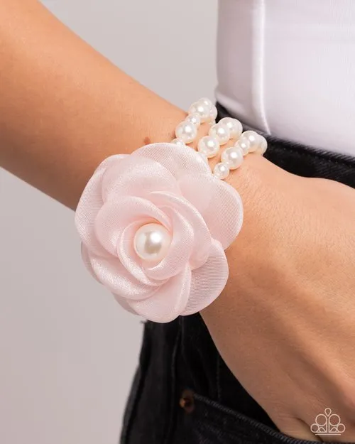 Paparazzi Accessories Feminine Mystique Pink Fabric Flower White Pearl Stretchy Bracelet Paparazzi Bracelets
