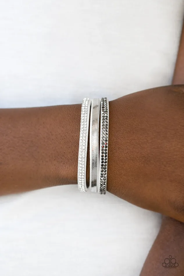Paparazzi Accessories I Mean Business White Rhinestone Silver Wrap Bracelet Paparazzi Bracelets