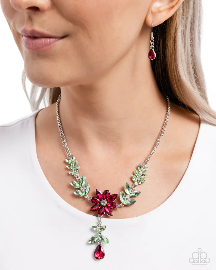 Paparazzi Accessories Necklaces Bouquet Backdrop Pink and Green Gem Silver Christmas Short Necklace Paparazzi
