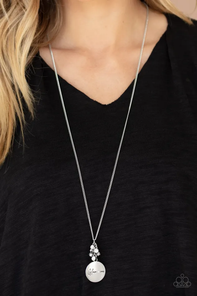 Paparazzi Accessories Necklaces Going for GLAMma Paparazzi White Rhinestone Silver Frame Glamma Stamped Pendant Necklace