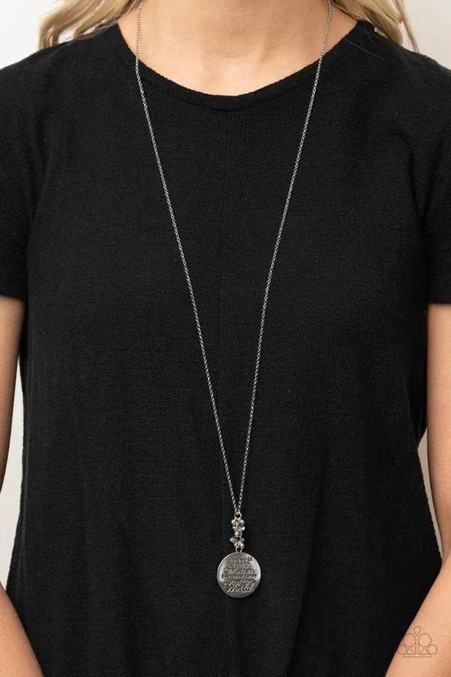 Paparazzi Accessories Necklaces Maternal Blessings Blue Rhinestone Silver Mothers Theme Necklace Paparazzi