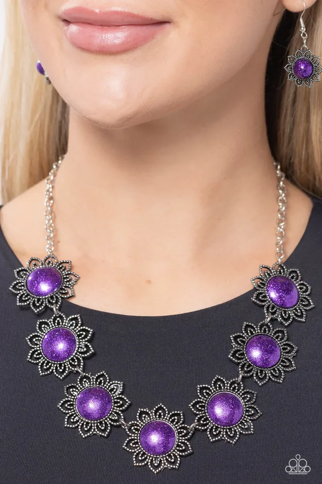 Paparazzi Accessories Necklaces The GLITTER Takes It All Purple Glittery Bead Silver Floral Short Necklace Paparazzi