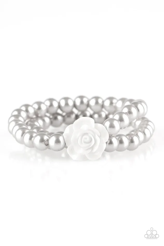 Paparazzi Accessories Posh and Posy Silver Pearl White Resin Rose Stretchy Bracelet Paparazzi Bracelets Paparazzi Accessories Posh and Posy Silver Pearl White Resin Rose Stretchy Bracelet Paparazzi Bracelets