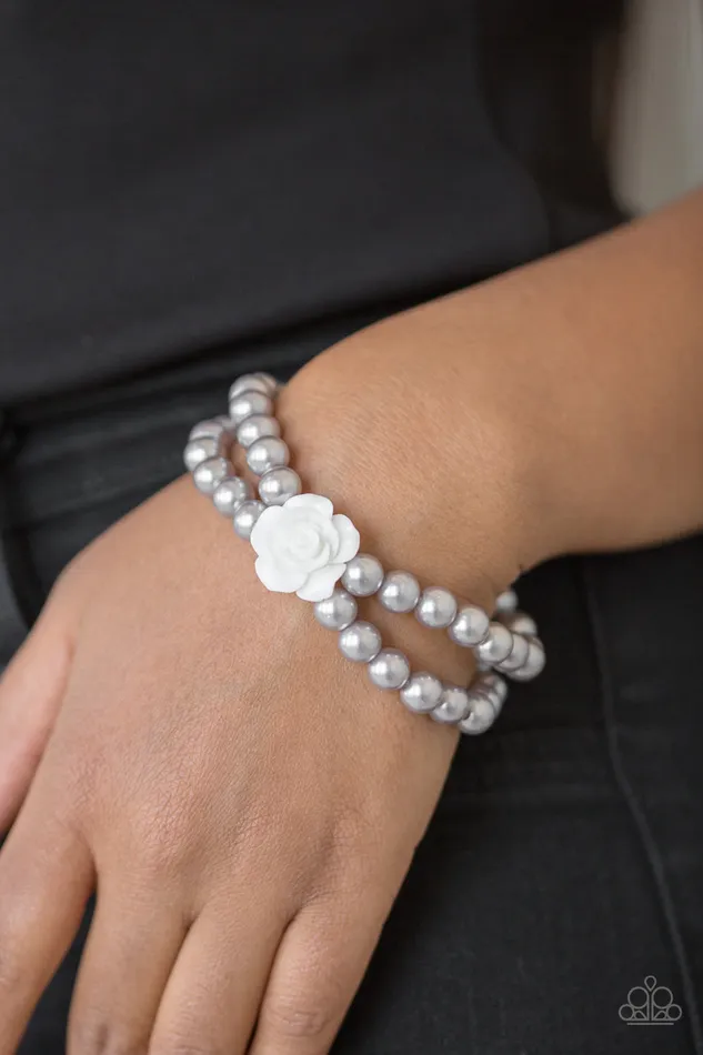 Paparazzi Accessories Posh and Posy Silver Pearl White Resin Rose Stretchy Bracelet Paparazzi Bracelets
