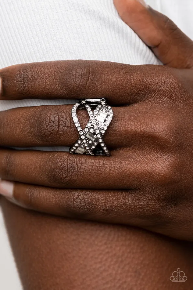 Paparazzi Accessories Rings Triple Threat Twinkle Black Gunmetal Rhinestone Ring Paparazzi