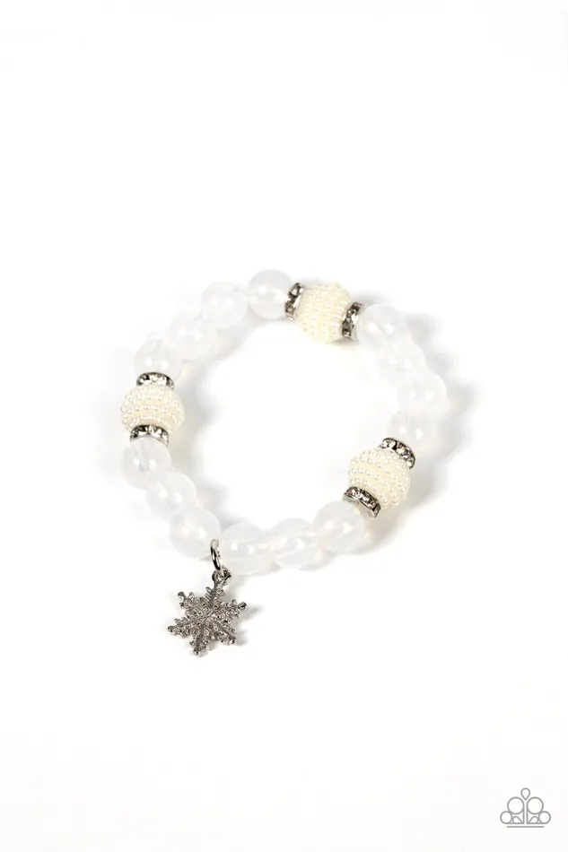 Paparazzi Accessories Starlet Shimmer Snowflake Charm White Pearl Bead Stretchy Bracelet Set of 5 Kit 4545 Paparazzi Bracelets