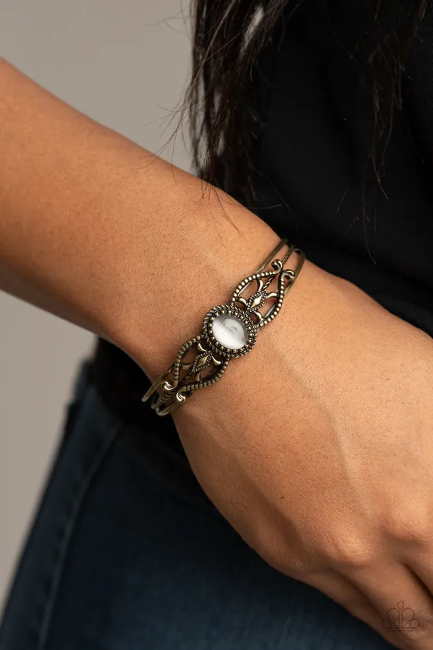 Paparazzi Accessories Wait and SEER Brass Frame White Cats Eye Stone Cuff Bracelet Paparazzi Bracelets