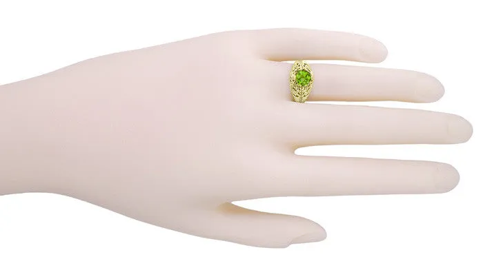 Peridot Filigree Edwardian Engagement Ring in 14 Karat Yellow Gold Antique Jewelry Mall Rings
