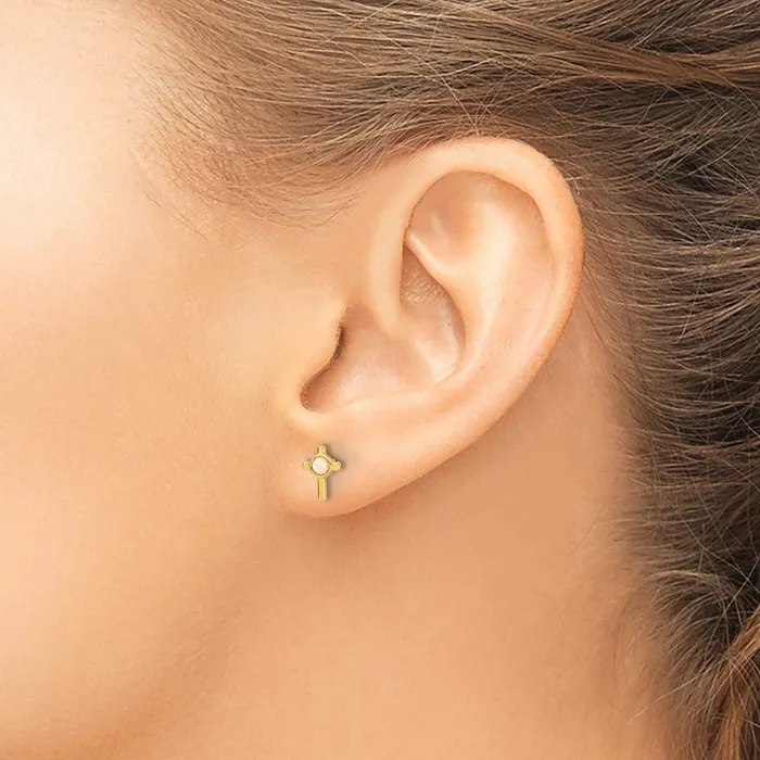Qgold Earrings 14k Yellow Gold 6 mm Created Opal Cross Post Earrings 041 grams